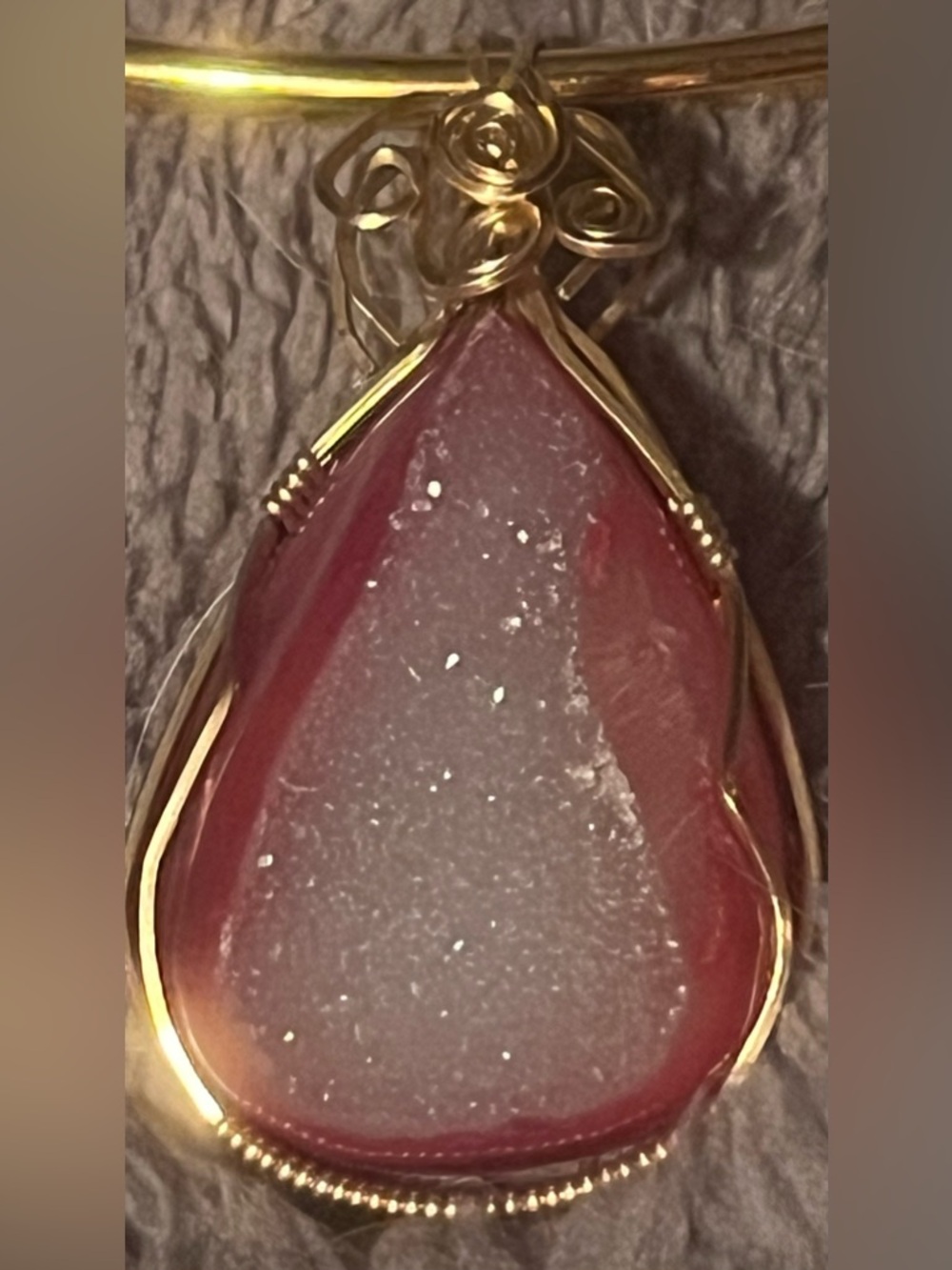 Gold Wire-Wrapped Pink Druzy Teardrop Pendant Necklace